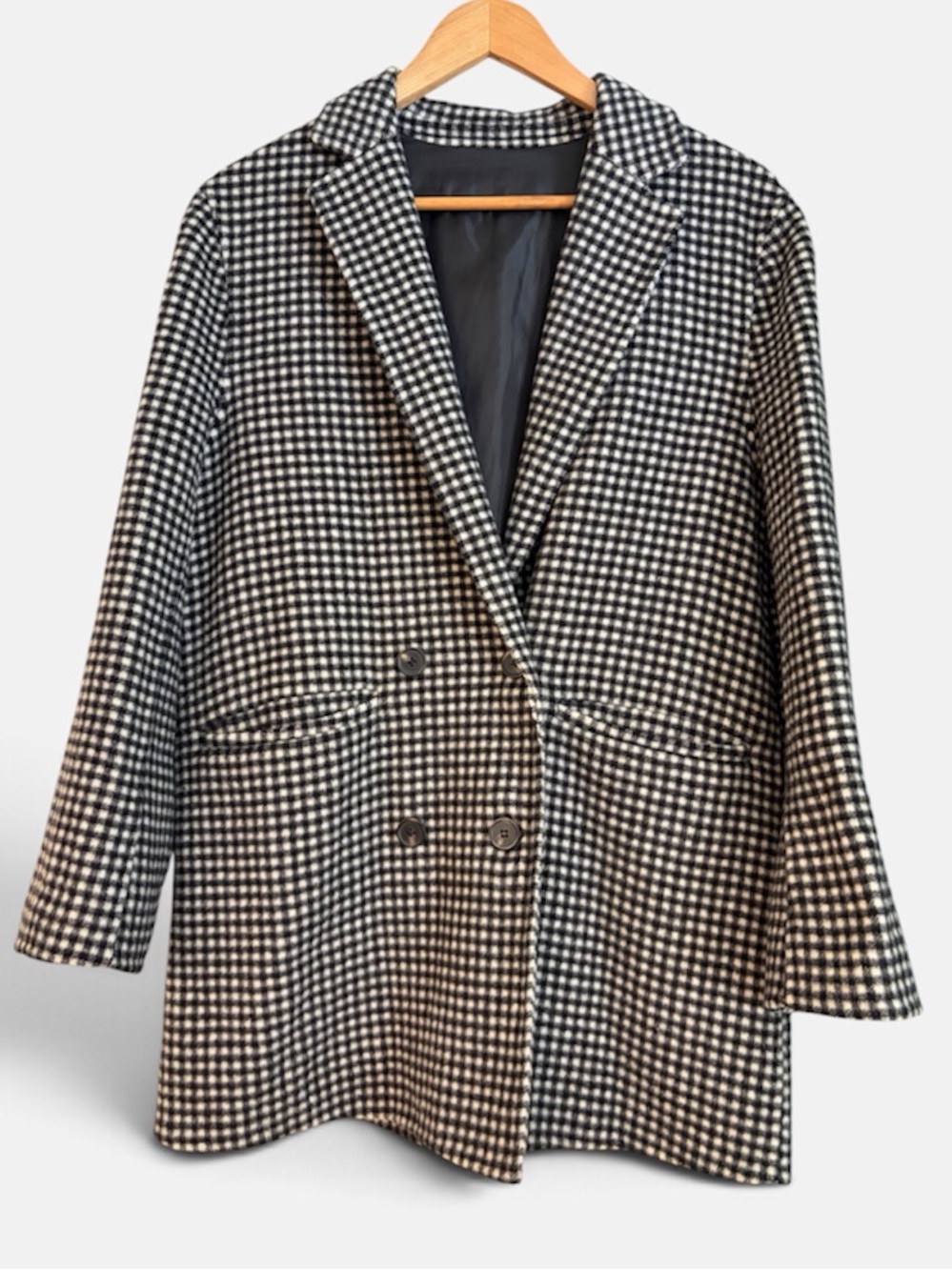 NWOT 100% Wool Handmade Coat Houndstooth Plaid Double Breasted Jacket Women M